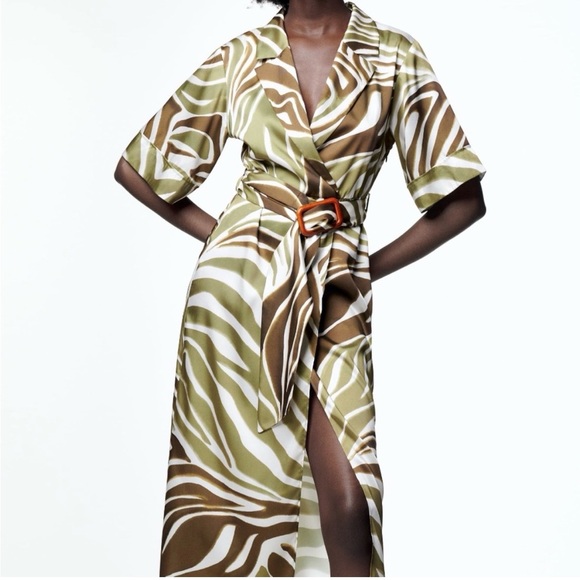 Zara Animal Print Shift Midi Dress Medium V Neck Belted Notched Collar Faux Wrap - Picture 13 of 17